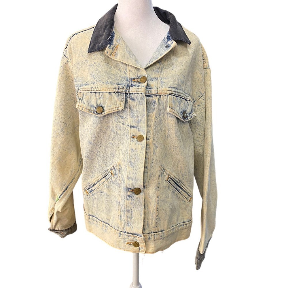 Vintage 80s Acid Wash Denim Trucker Jacket Corduroy Collar Womens Size Large
